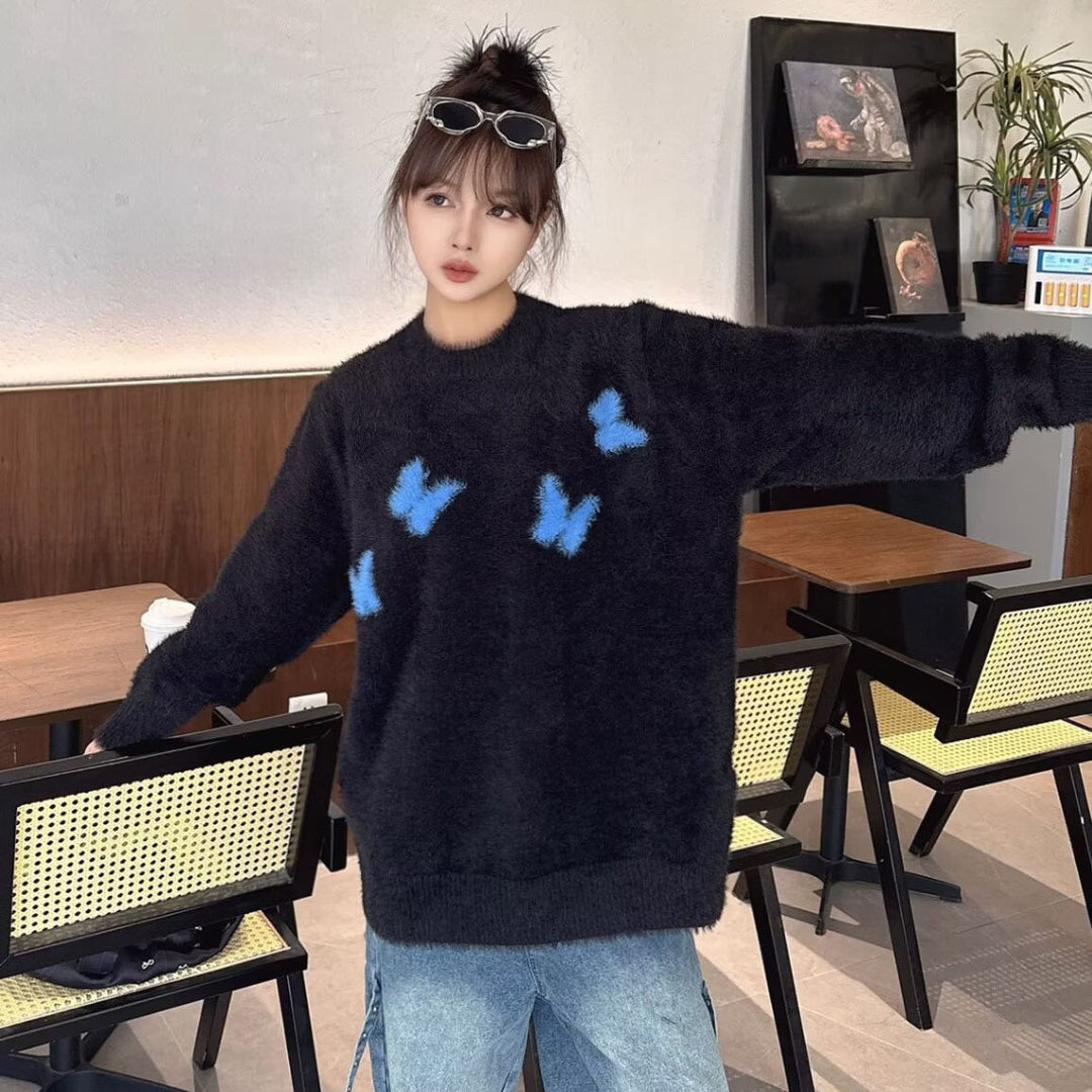 Damen Weicher Pullover mit geflocktem Schmetterlingsdesign Echoarchiv