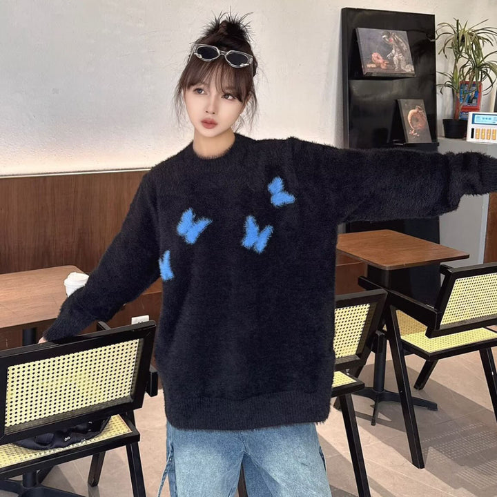 Damen Weicher Pullover mit geflocktem Schmetterlingsdesign Echoarchiv