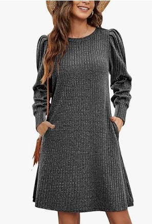 Damen gestricktes A-Linien Strickkleid mit Puffärmeln – Élara