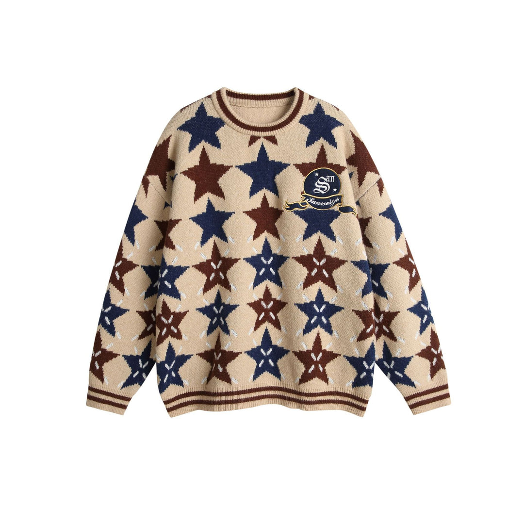 Unisex Grobgestrickter Oversize-Pullover mit Stern-Intarsien und gesticktem Logopatch Echoarchiv