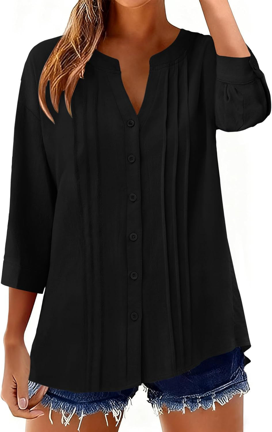 Damen Lockeres Tunikashirt mit Kellerfalten und dreiviertel Ärmeln Echo Archiv