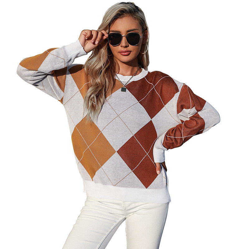 Damen Lockerer Argyle-Strickpullover im Oversize-Schnitt mit Rundhalsausschnitt und Rippbündchen Echoarchiv