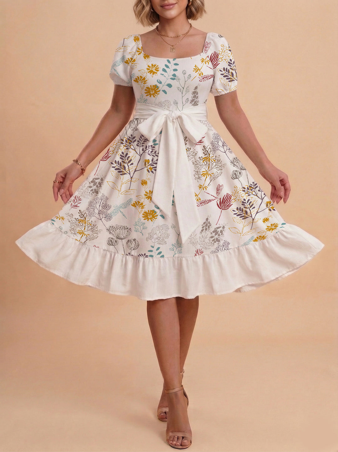 Damen modernes Blumenkleid mit elegantem Taillengürtel und asymmetrischem Saum Echo Archiv