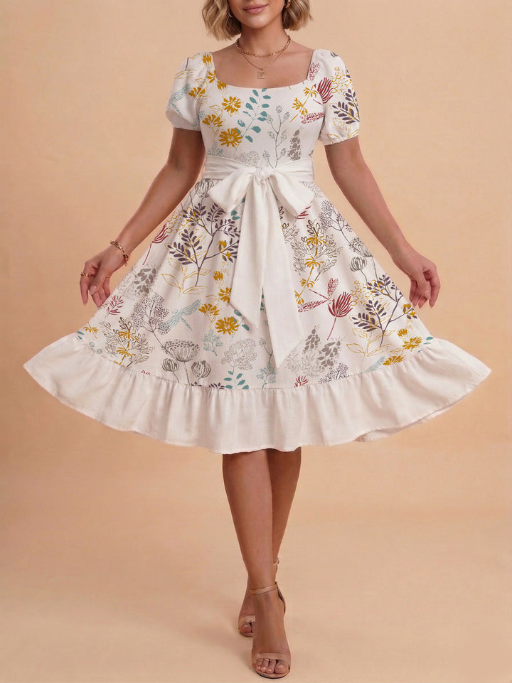 Damen modernes Blumenkleid mit elegantem Taillengürtel und asymmetrischem Saum Echo Archiv
