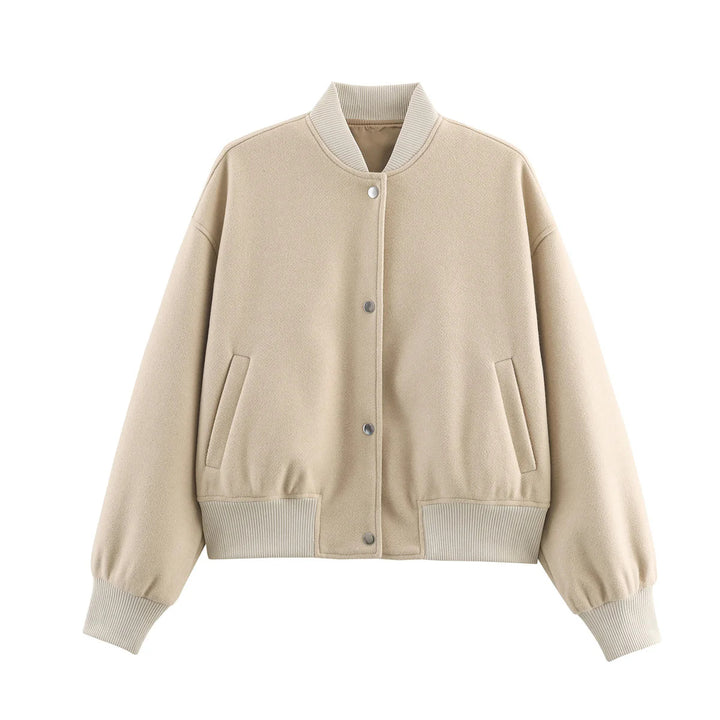 Damen kastig geschnittene Wolloptik-Collegejacke mit verdeckter Druckknopfleiste und seitlichen Schubtaschen – Célinea