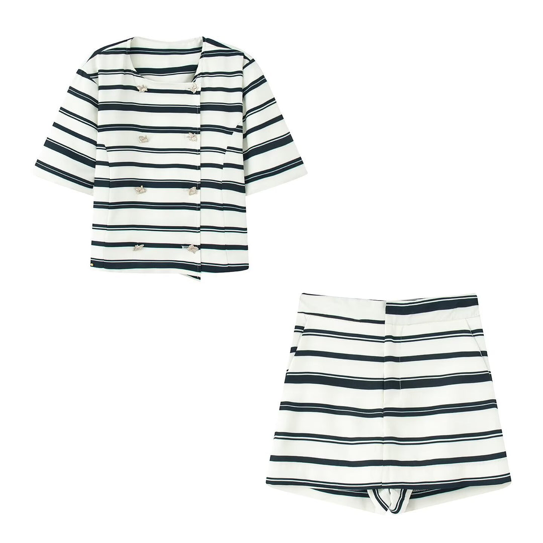 Damen gestreiftes Blazer- und Shorts-Set mit eleganten Knopfdetails Echo Archiv