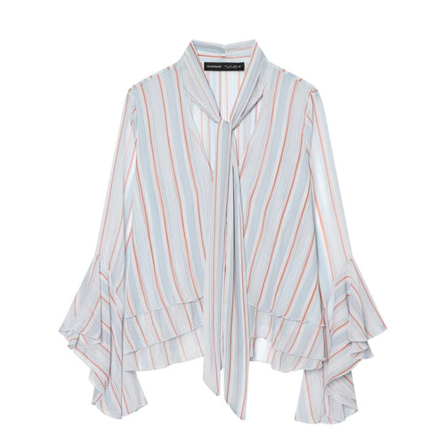 Damen Leichte Chiffonbluse mit Schluppe, Volant-Saum und ausgestellten Trompetenärmeln Echo Archiv