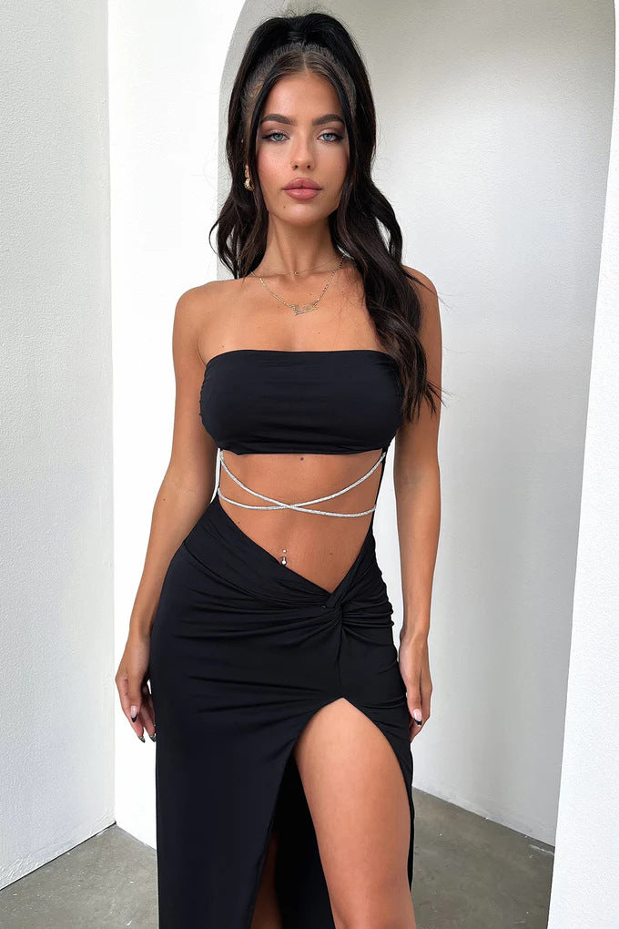 Damen Elegantes bandeau Maxikleid mit hohem Schlitz und glänzenden Details Echo Archiv