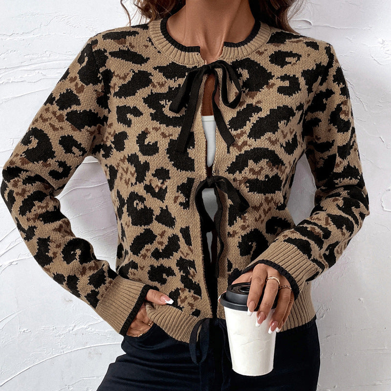 Damen Leopardmuster Strickcardigan mit Bindeschleifen und gerippten Bündchen Echoarchiv