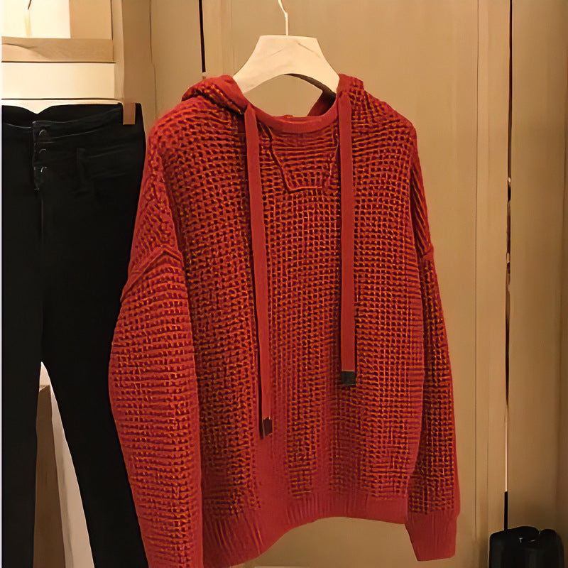Damen Grob gestrickter Kapuzenpullover mit Waffelstruktur und Kordelzug Echoarchiv