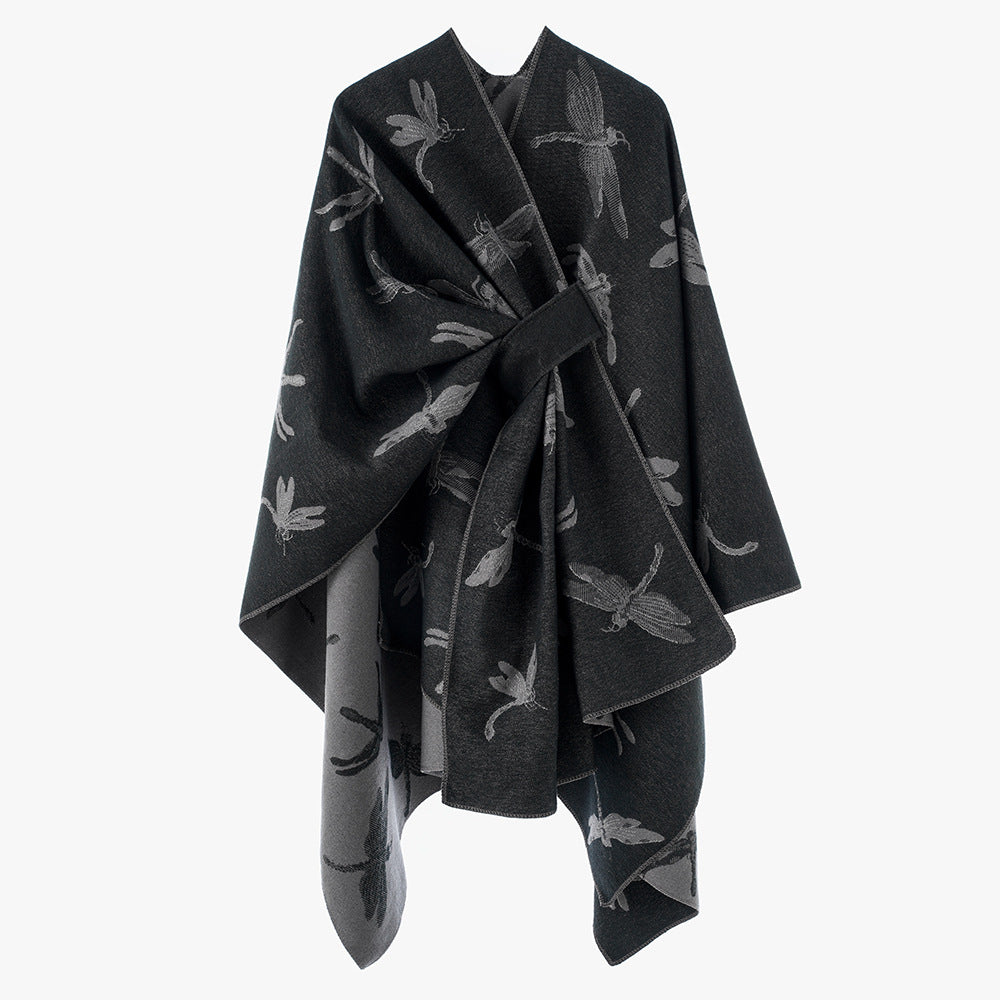 Damen Kaschmirähnlicher Jacquard‑Cape mit Libellen‑Motiv und Bindegürtel – Avérine