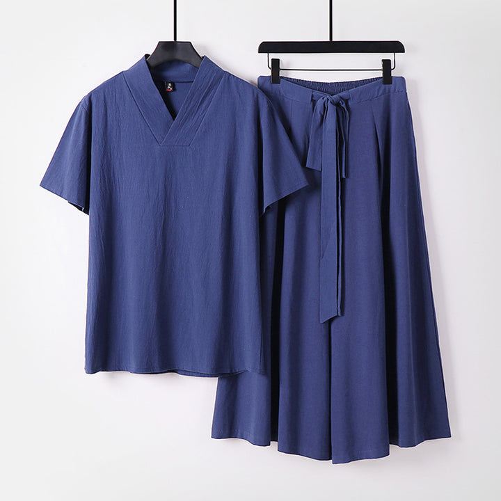 Damen Leichtes Loungewear-Set mit V-Ausschnitt-Shirt und weit schwingendem Midirock mit Kordelzug Echoarchiv