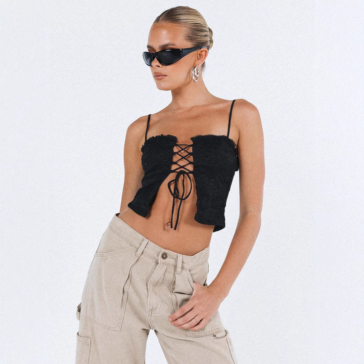 Damen Spitzen-Top mit Schnürung und Rüschendetail Echo Archiv