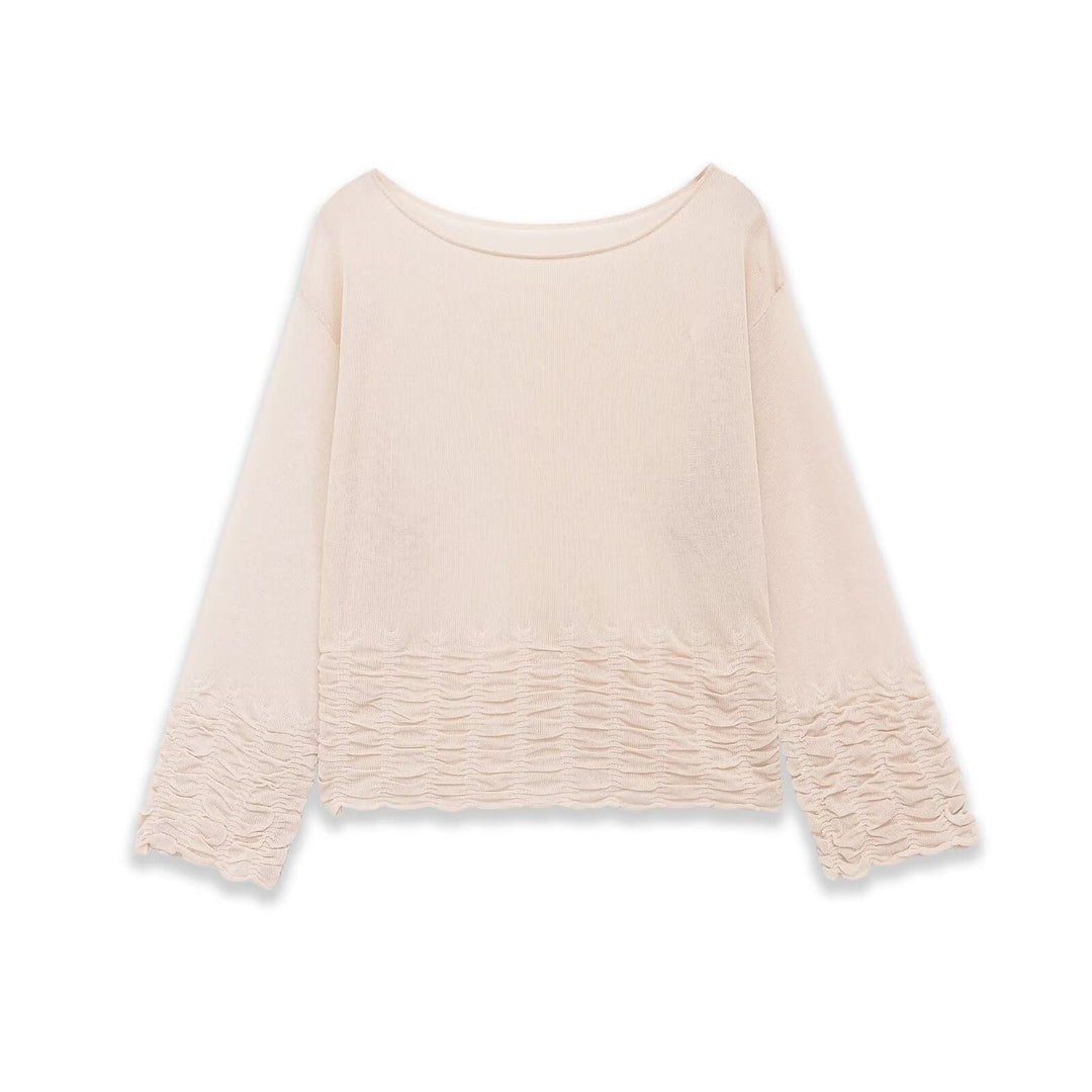Damen Weites Strickpullover-Top mit U-Boot-Ausschnitt und gerafftem Volantsaum Echo Archiv