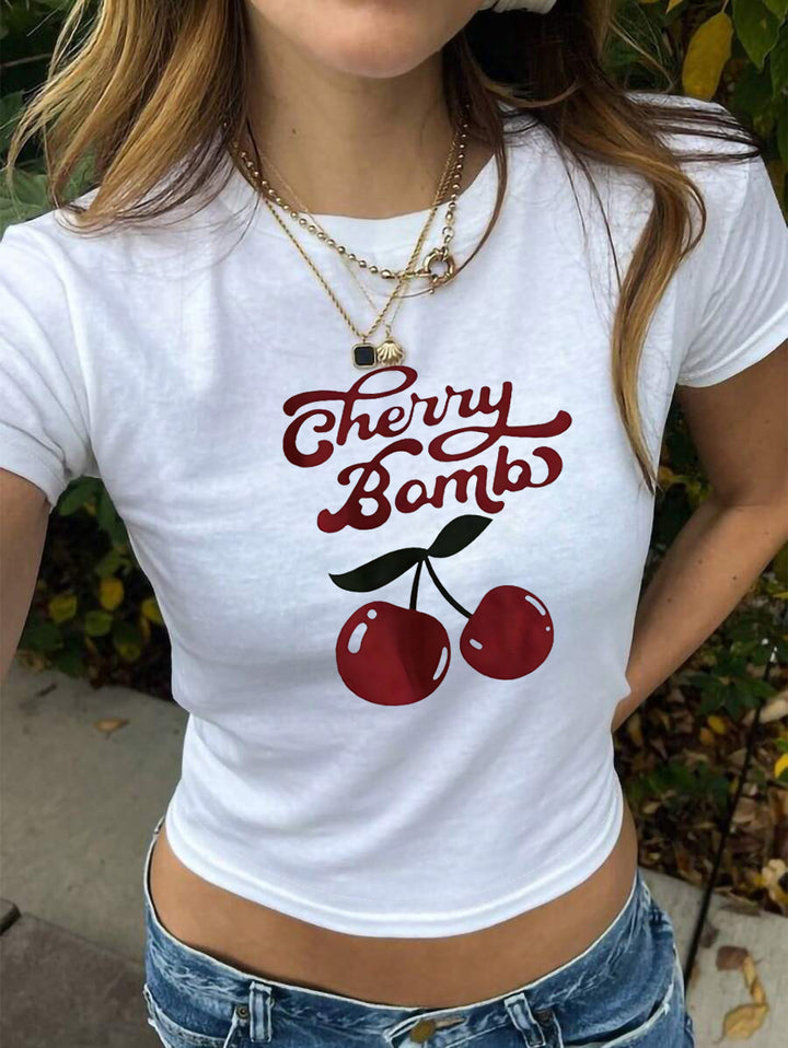 Damen Crop-T-Shirt mit fröhlichem Kirschmotiv und lockerer Passform Echo Archiv