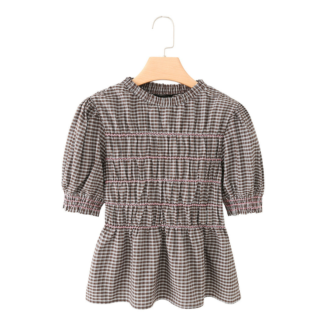 Damen Kariertes Smock-Tunika-Top mit Volantbund und Puffärmeln Echo Archiv