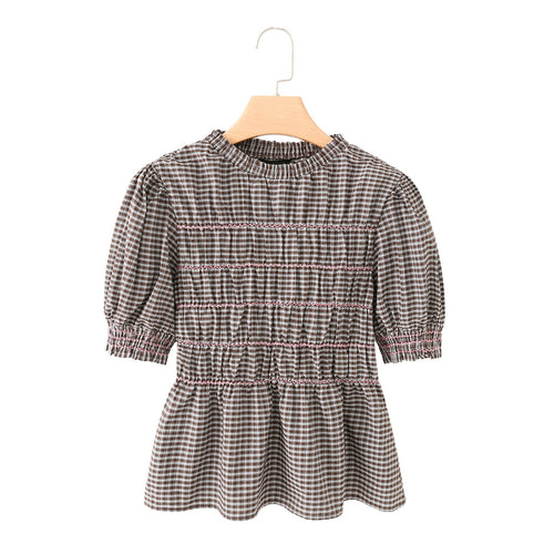 Damen Kariertes Smock-Tunika-Top mit Volantbund und Puffärmeln Echo Archiv