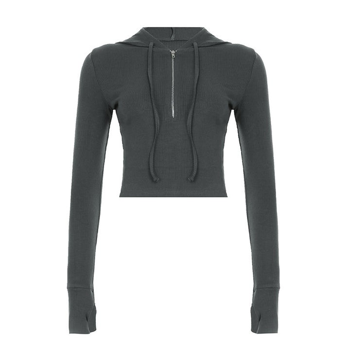 Damen nan kurzes Ripp-Kapuzenhoodie mit halbem Reißverschluss, langen Ärmeln und Daumenloch Echo Archiv