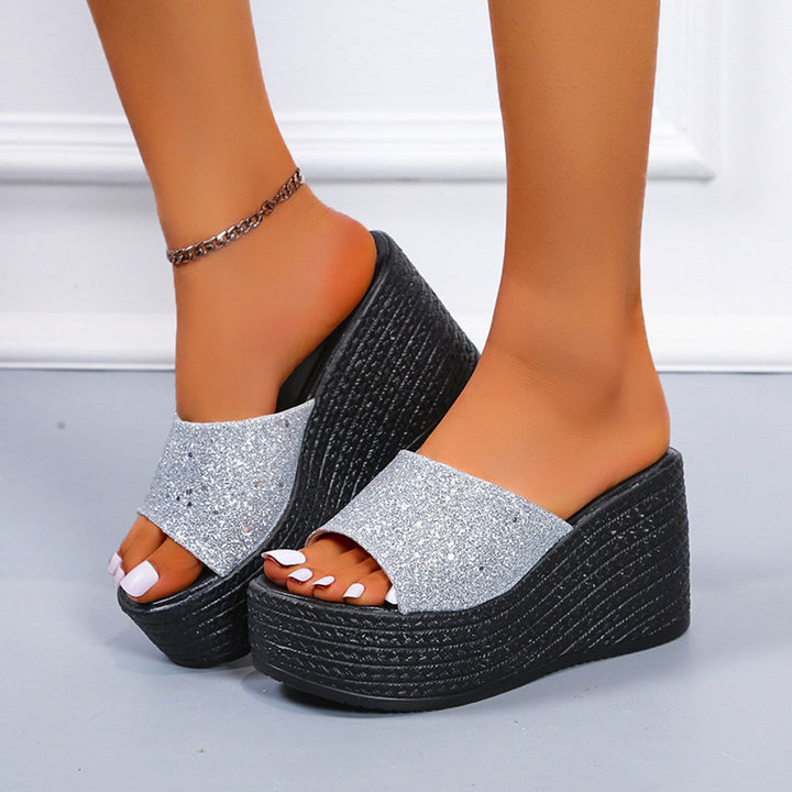 Damen nan offene Plateau-Mule mit glitzerndem Riemen, geprägter Keilsohle und gepolstertem Komfortfußbett Echo Archiv