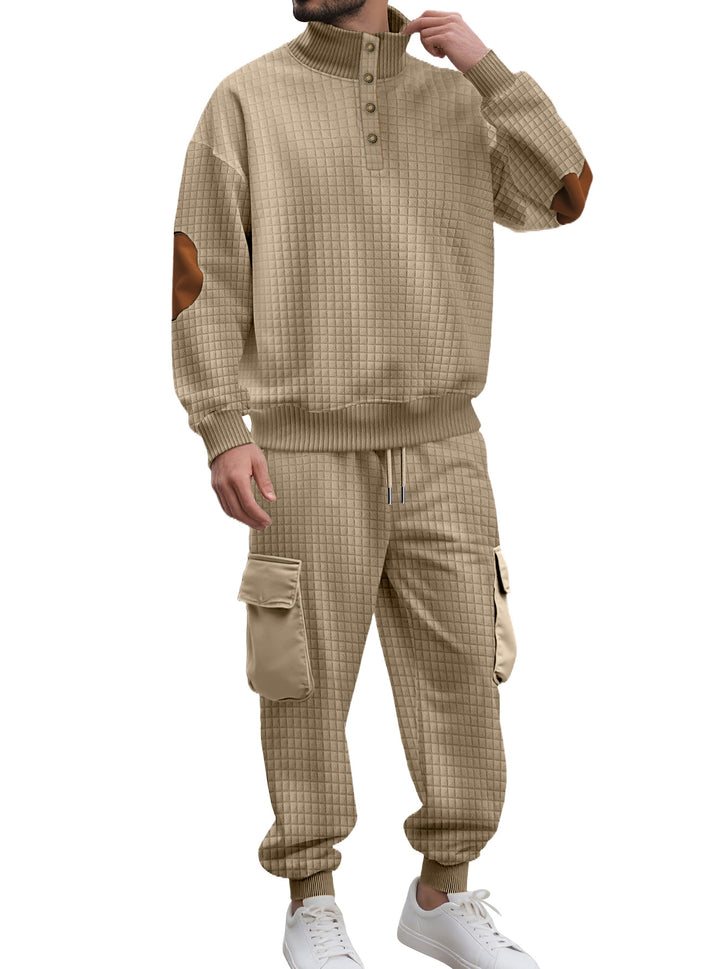 Herren nan Karo-Relief-Sweatset mit Stehkragen-Knopfleiste, Velours-Ellenbogenpatches und Cargo-Jogger Echo Archiv