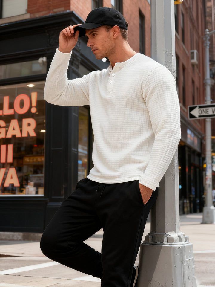 Herren nan strukturiertes Henley-Langarmshirt aus Waffelstrick mit Stehkragen und schmaler Silhouette Echo Archiv