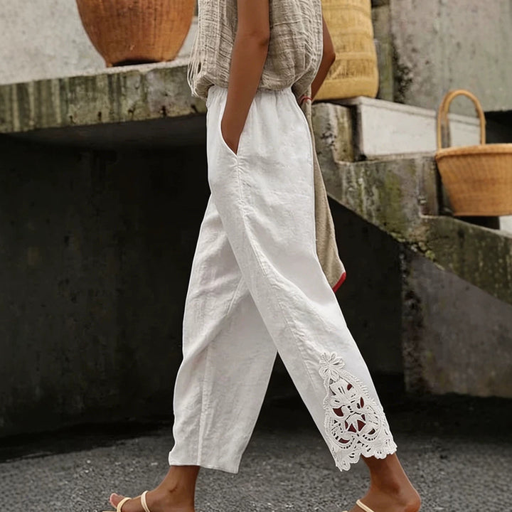 Damen elegante Leinenhose mit Spitzenapplikationen Echo Archiv