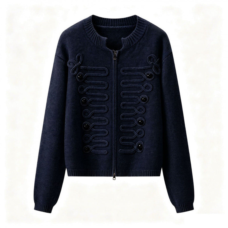 Damen Kurz geschnittene Strickjacke mit dekorativen Kordelapplikationen und Zwei-Wege‑Reißverschluss Echo Archiv