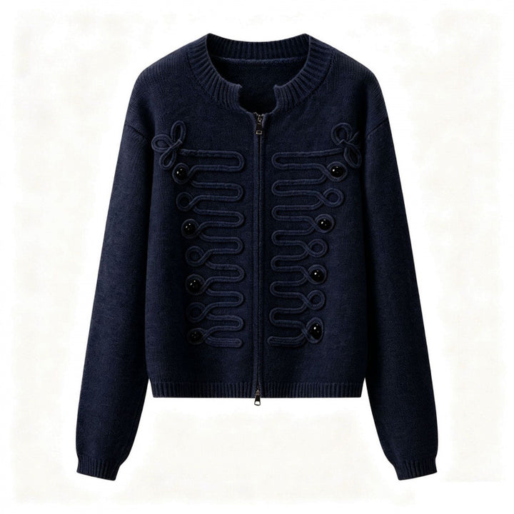 Damen Kurz geschnittene Strickjacke mit dekorativen Kordelapplikationen und Zwei-Wege‑Reißverschluss Echo Archiv