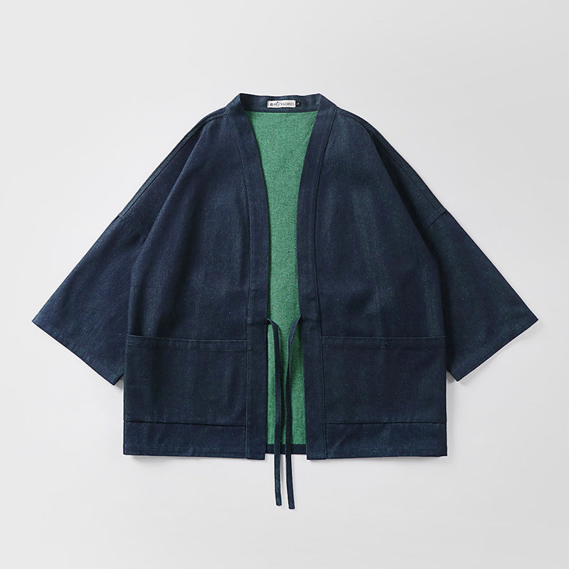 Unisex weit geschnittene Kimono-Jacke aus Baumwoll-Denim mit Bindeband und großen Aufgesetzten Taschen Echoarchiv