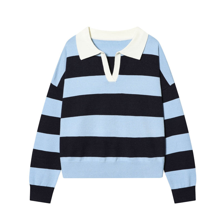 Damen gestreifter Feinstrick-Polopullover mit Knopfleiste, Rippbündchen und leichter Wollmischung – Mavelle