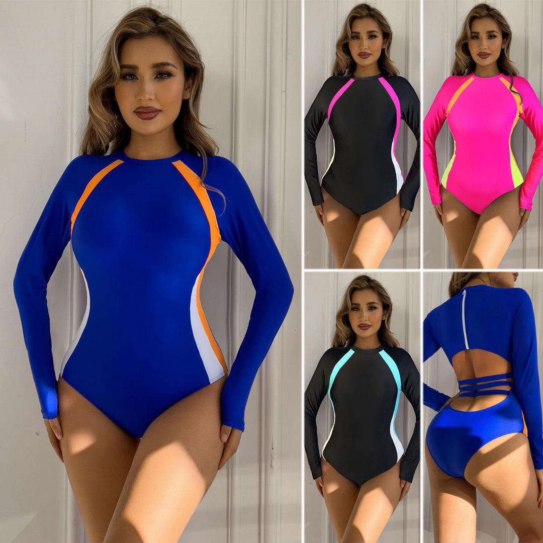 Damen Sportlicher Langarm-Badeanzug mit Farbblockdesign Echo Archiv