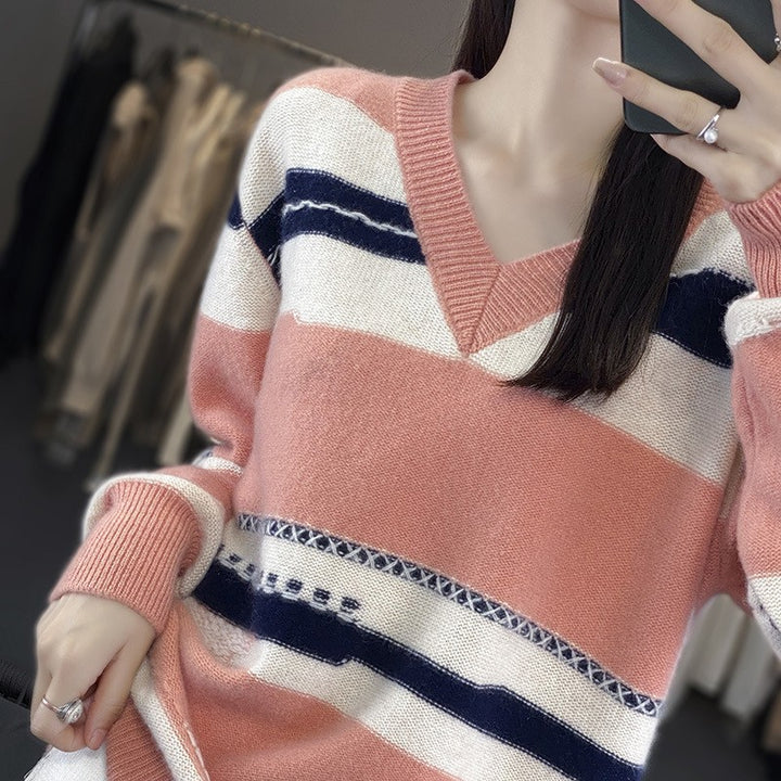 Damen Oversize-Strickpullover mit V‑Ausschnitt und grafischem Streifenmix Echoarchiv