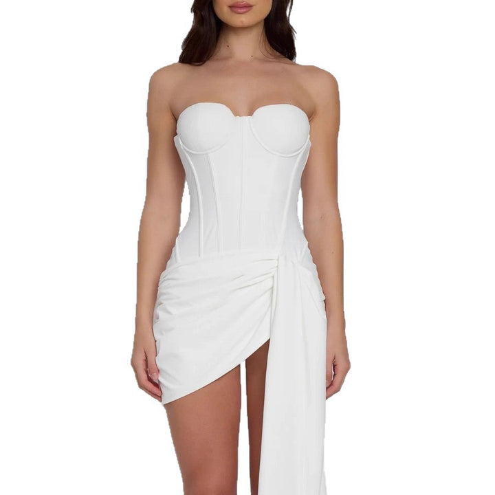 Damen Minimales und elegantes Cocktailkleid mit Korsett-Oberteil und drapiertem Rock Echo Archiv