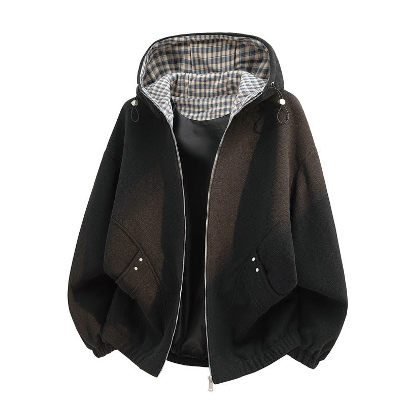 Damen Oversized Fleecejacke mit Kapuze und karierter Innenverkleidung – Célinea