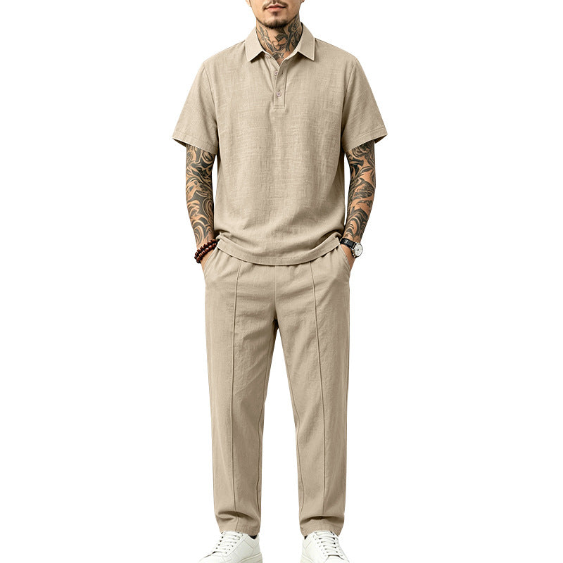 Herren Polo-Lounge-Set aus leichter Leinenmischung mit Kurzarm-Polo und gerader Bundfaltenhose Echoarchiv