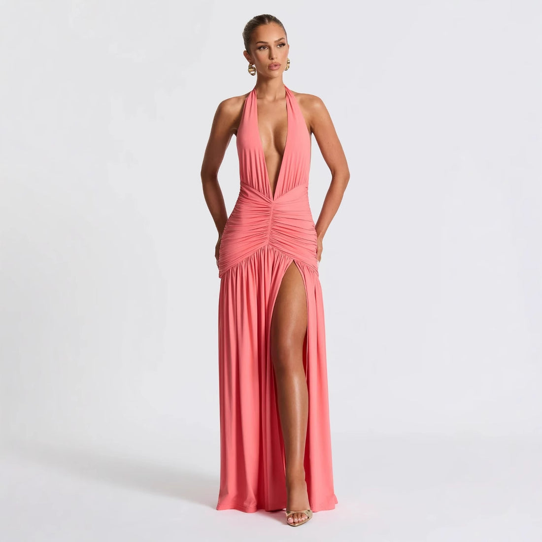 Damen Wickelkleid mit tiefem V-Ausschnitt und Raffung – Élara