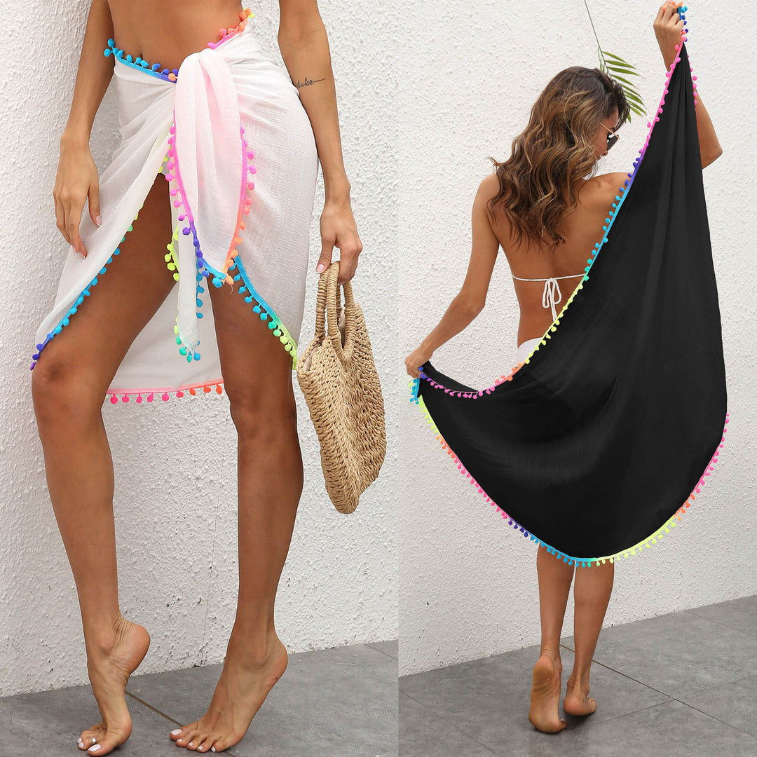 Damen eleganter Strandüberwurf mit buntem Pompon-Rand Echo Archiv