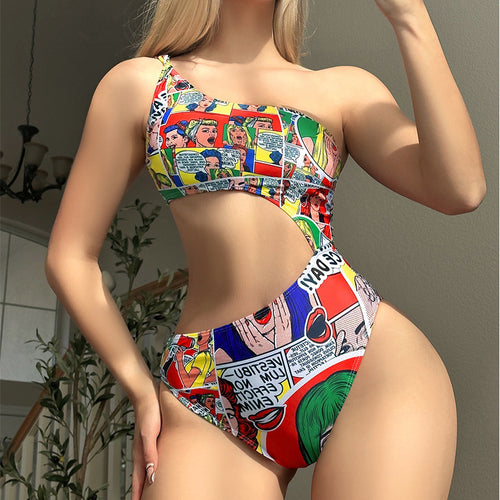 Damen Einseitiger Badeanzug mit aufregendem Cut-Out und Comics-Design Echo Archiv