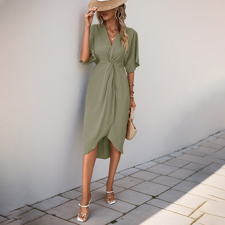 Damen Wickel-Midikleid mit Knotendetail, V-Ausschnitt und überschnittenen Ärmeln Echoarchiv