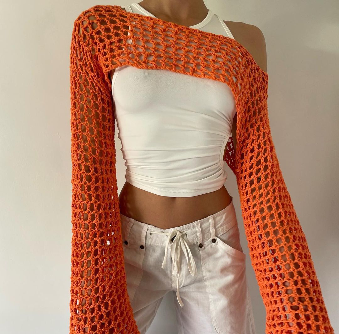 Damen gehäkeltes Langarm-Top mit Off-Shoulder-Design Echo Archiv