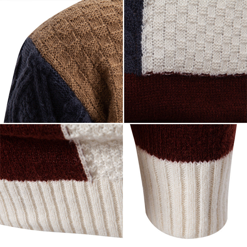 Herren nan strukturierter Patchwork-Strickpullover mit hohem Stehkragen und kombinierten Strickmustern Echo Archiv