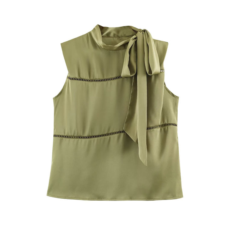 Damen Ärmellose Seidenoptik-Bluse mit Schleifenkragen und Spitzeneinsätzen Echoarchiv