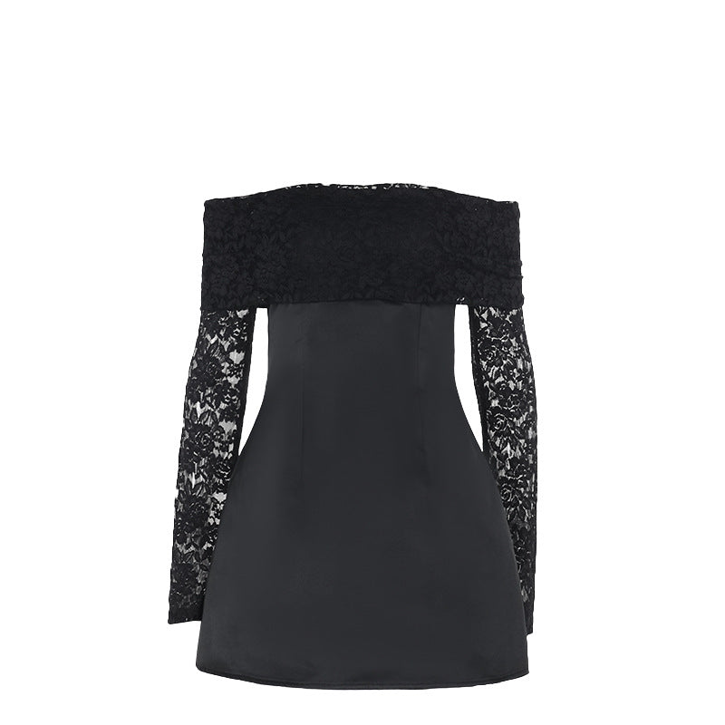Damen elegantes schulterfreies Minikleid mit Spitzenärmel und schwingendem Rock Echo Archiv