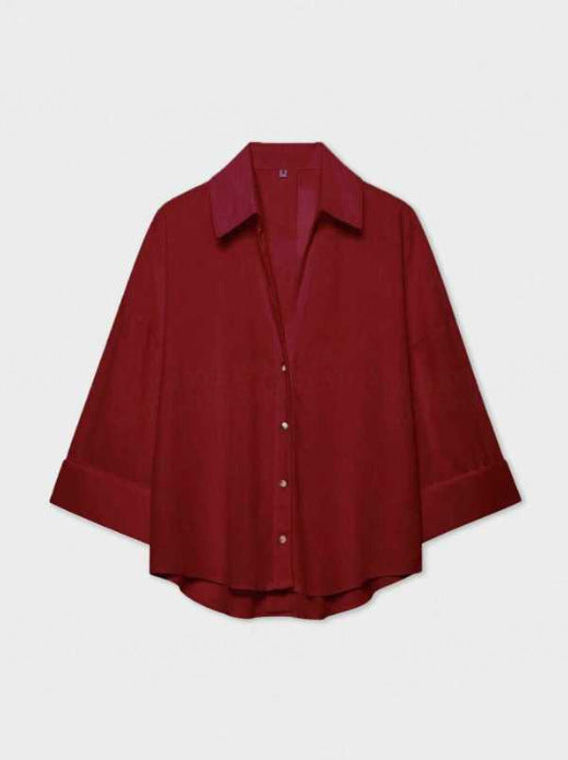 Damen Leichte Oversize Leinenoptik Bluse mit Dreiviertelärmeln und durchgehender Knopfleiste Echoarchiv