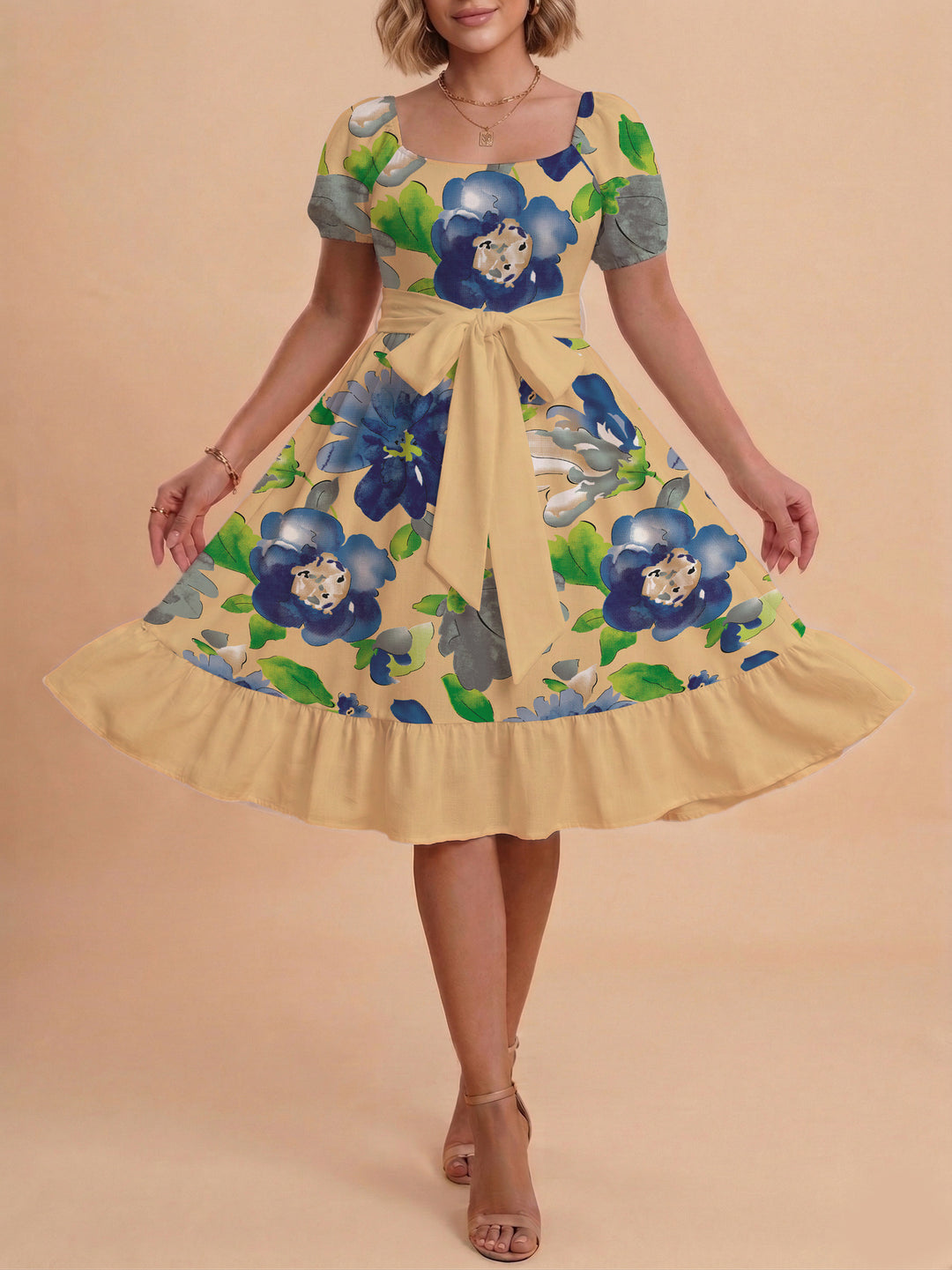 Damen Blumenkleid mit taillierbarem Gürtel und voluminösen Ärmeln Echo Archiv