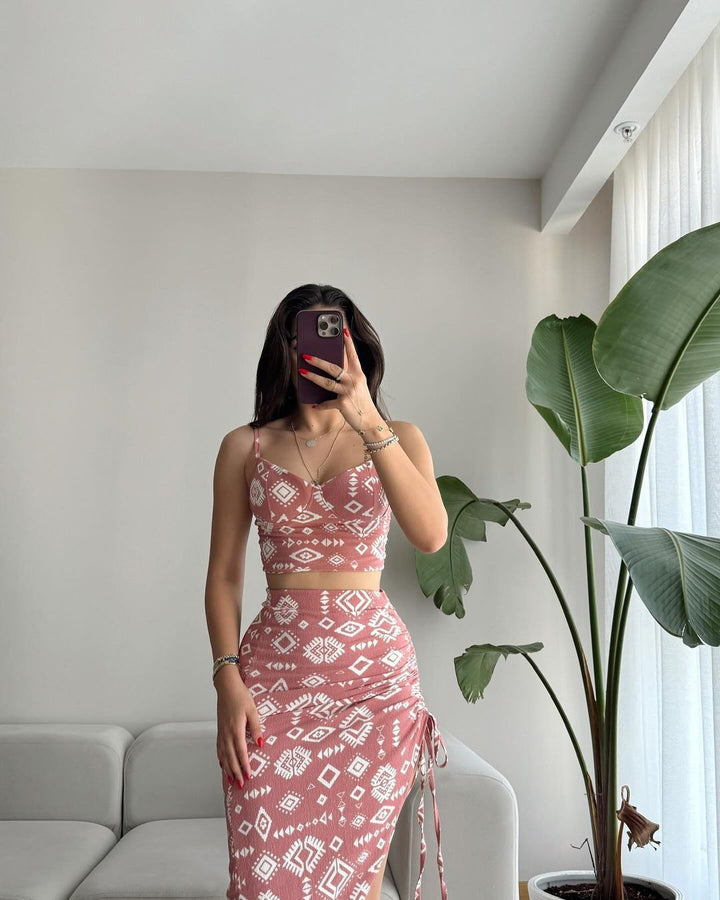Damen Set aus Crop-Top und Knielangem Rock mit Raffungen Echo Archiv