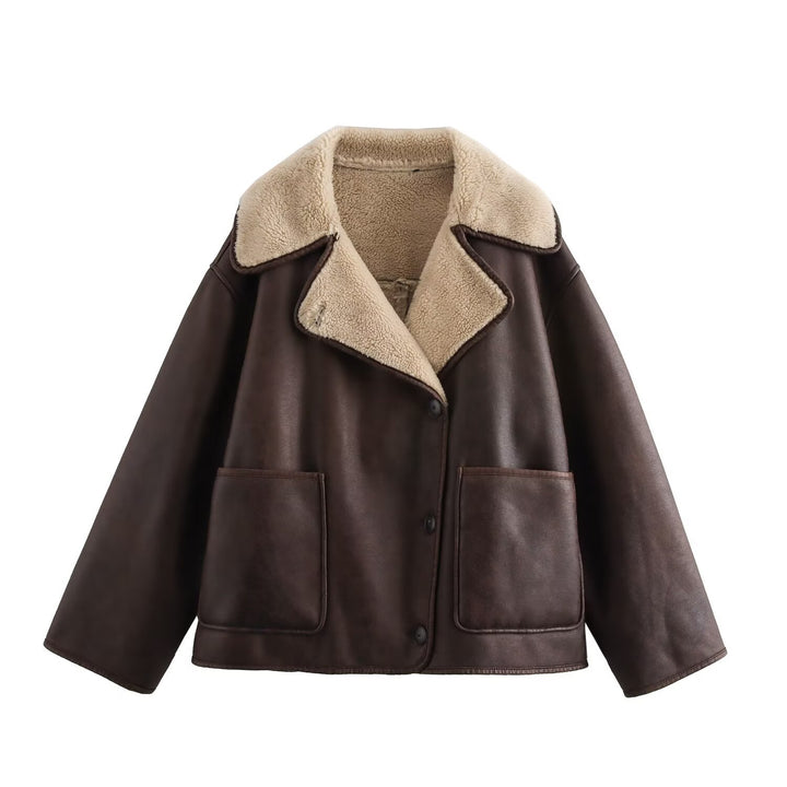 Damen Kurz geschnittener Oversized Lammfellimitat-Mantel mit Teddy-Kragen Echo Archiv