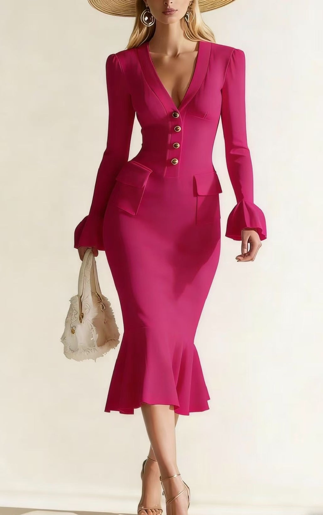 Damen Elegantes tailliertes Midikleid mit Trompetensaum, V‑Ausschnitt und Aufgesetzten Taschen – Élara