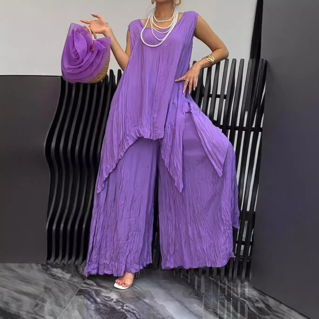 Damen nan luftiger Knitteroptik-Zweiteiler mit ärmelloser Tunika und weiter Palazzo-Hose Echo Archiv