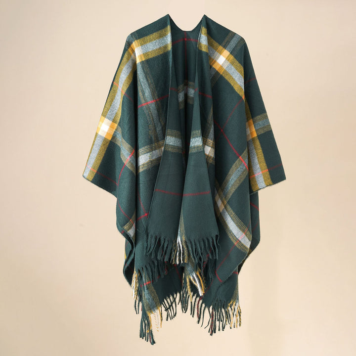 Damen Weit geschnittener Karierter Poncho mit Fransen und V‑Ausschnitt – Avérine